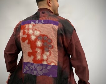 Up gefietst Haori Vest, Vest met Appliqué Back, Silk Vest, Japanse kunst, Up gefietst Kimono, Art to Wear, Mens Formal, Womens Vest, One size