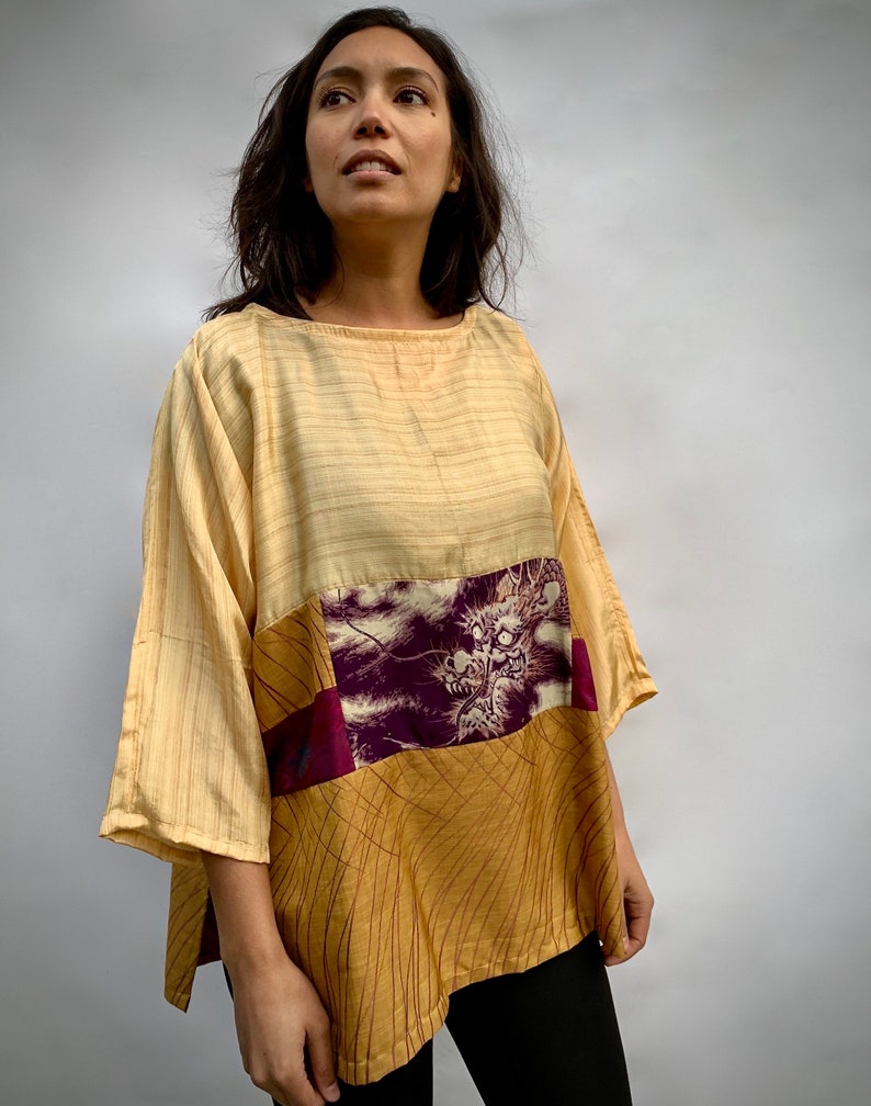 Dragon Top, Silk Top, Tunic Top, Silk Blouse, Comic con, Sustainable Wear, Up cycled Kimono, Gold Blouse image 2