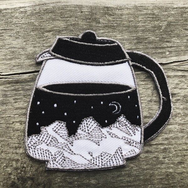 Coffee Patch, Percolator Coffee Pot Iron On Patch, Coffee Gift, Coffee Maker Patch, Three Sisters Mountains, Sky Patches