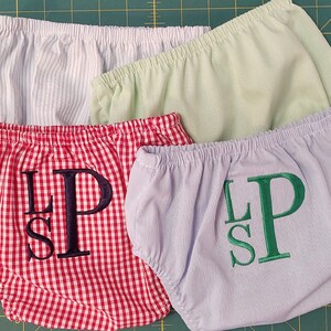 MONOGRAMMED Diaper covers boys girls size NB to 4t seersucker, stripe, gingham, plaid, prints, solid white shorts bottoms