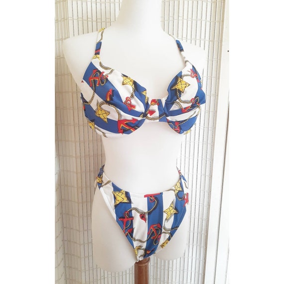 Vintage 80s Via Marina nautical high cut bikini 2