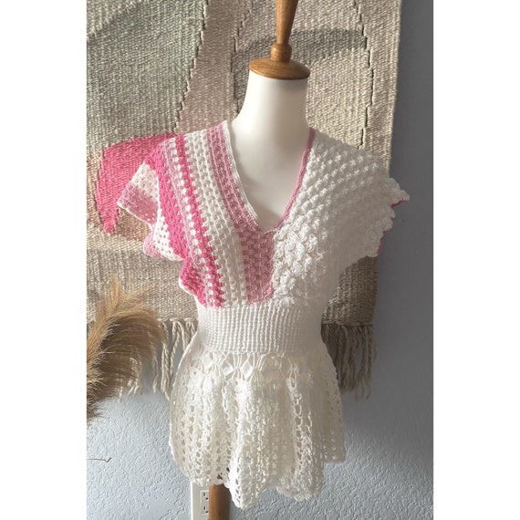 Vintage 70s cream and pink knit crocheted sheer to