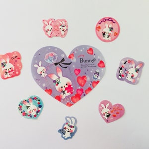 Merry Bunny Sticker Flakes - 50 Stück - Kawaii Sticker Pack, weißes Kaninchen, Herz, Parfümflasche, Tiere, Girly, Kaninchen, Flieder Herzen