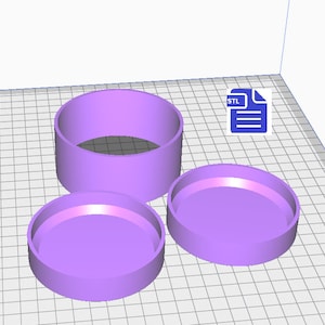 May include: Three purple 3D printed cylindrical shapes, two of which are lids for the taller cylinder. The image includes the text "STL" in a blue document icon.
