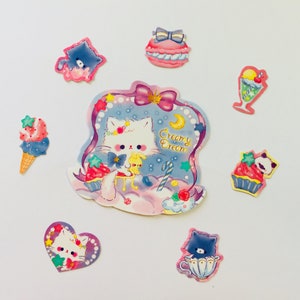 Flocons d'autocollants crémeux Dream - 50 pièces - Pack d'autocollants kawaii, chat blanc, chats, chaton, macaron, Macron, macaron, cornet de crème glacée, cupcakes