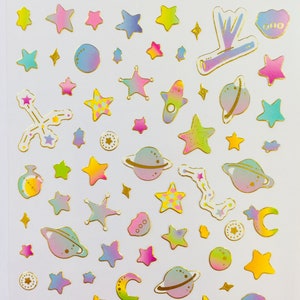 Stickervel kleurrijke planeten stickers - goud - foliestickers - planeet - ombre - ufo-schip - sterren - ster - maan - ruimteschip - roze - geel