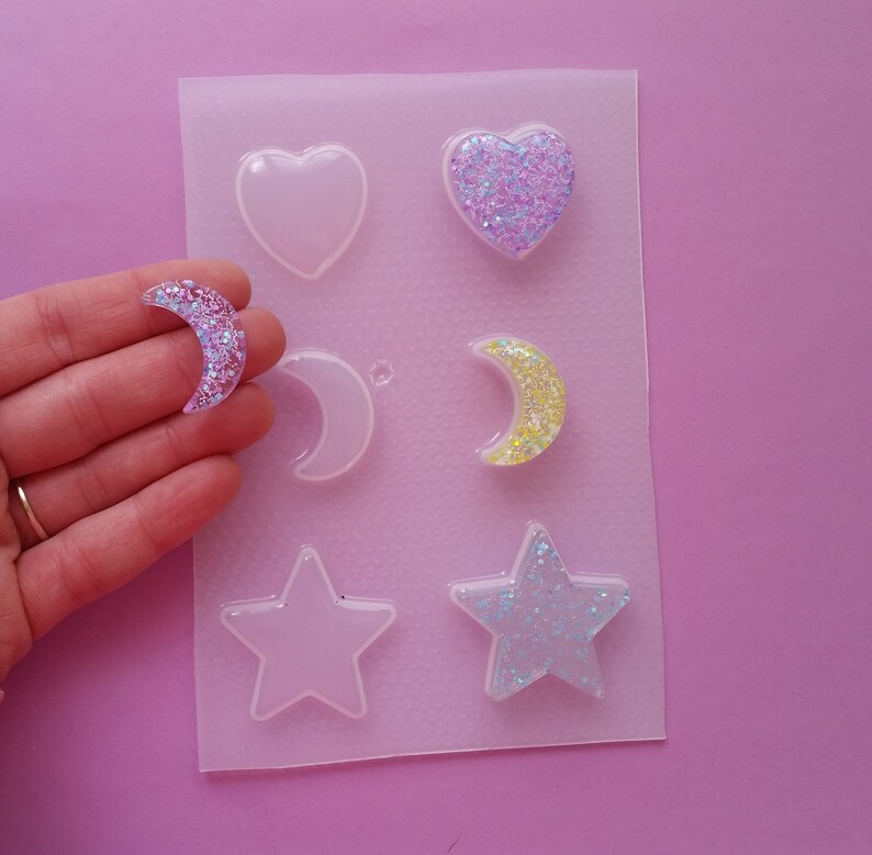 Heart Moon Star Palette Resin Mold Crescent Moon Jewelry Mold Small Flexible Plastic Resin Molds Flat Stars DIY Fondant Mold