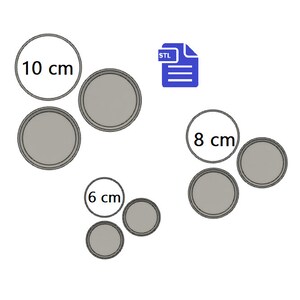 May include: A digital design file for 3D printing, showing four circles with different diameters: 10 cm, 8 cm, 6 cm, and 6 cm. The file is in STL format.