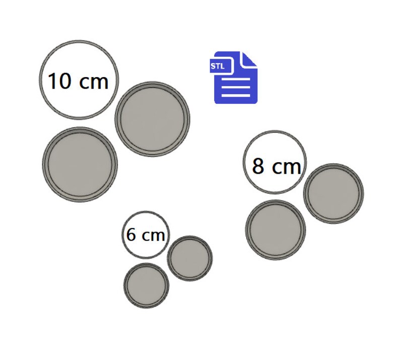 May include: A digital design file for 3D printing, showing four circles with different diameters: 10 cm, 8 cm, 6 cm, and 6 cm. The file is in STL format.
