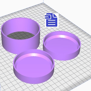 May include: Three purple plastic 3D printed parts for a box. The parts are a cylinder and two lids. The image includes the text "STL" in a blue file icon.