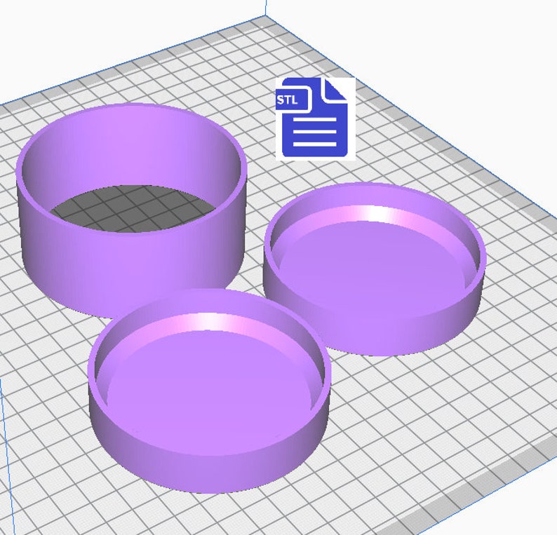 May include: Three purple plastic 3D printed parts for a box. The parts are a cylinder and two lids. The image includes the text "STL" in a blue file icon.