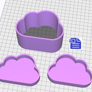 Könnte beinhalten: Dreiteiliger 3D-gedruckter Kasten in Wolkenform. Die Box besteht aus helllila Kunststoff und hat einen Deckel, der perfekt aufliegt. Die Box ist als dekorativer Aufbewahrungskasten konzipiert.