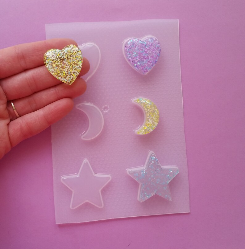 Heart Moon Star Palette Resin Mold Crescent Moon Jewelry Mold Small Flexible Plastic Resin Molds Flat Stars DIY Fondant Mold