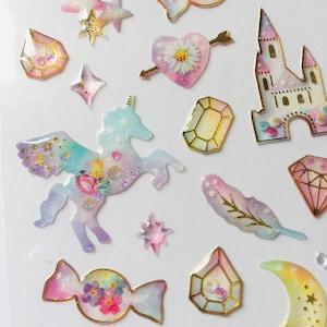 Einhorn Aufkleber - 1 Seite - Pastell Kristall Pop up Mond Gem Schloss Sterne Blumen Diamant Aufkleber - Scrapbook - Karte - Basteln - Tagebuch