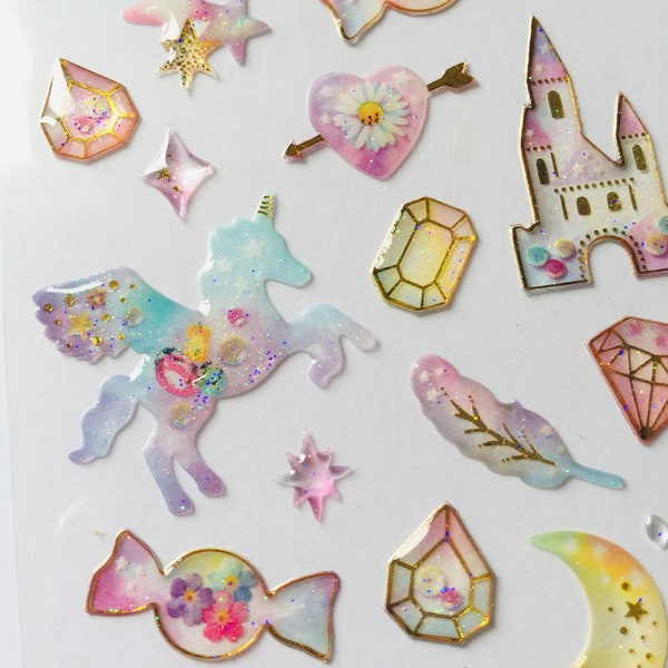 Autocollants époxy licorne - 1 feuille - Pastel Crystal Pop up Moon Gem Castle Star Flowers Diamond Sticker - Scrap book - Carte - Artisanat - Journal