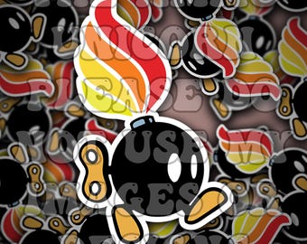 Op de afbeelding: Een stickervel met een cartoon bom karakter met een kleurrijke vlam. De bom is zwart met witte ogen en een opwindsleutel. De achtergrond is gevuld met vergelijkbare bom stickers.