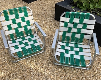 Pair Vintage Low/short Aluminum Folding Lawn/ Beach Chair - Webbing Green White