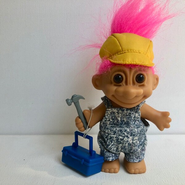 vintage russ troll doll, handy man, handyman, carpenter, hammer, toolbox, denim overalls, yellow hat, pink hair, 5 inch