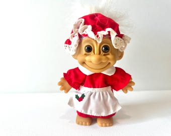 Muñeco troll Russ vintage, Sra. Claus navideña, pelo blanco, festivo, 12,7 cm, troll de los 80, troll del tesoro