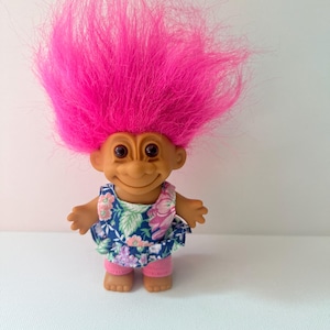 vintage russ troll doll, 5&quot;, pink hair, flowered shirt dress, pink pants, girl troll, 90s