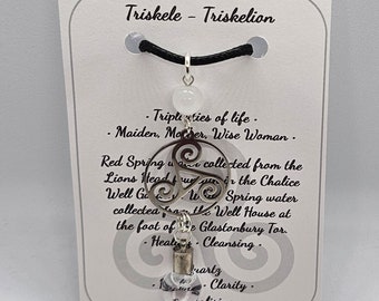 Avalon Waters - Triskele/Triskelion pendant with Red and White Spring water and Quartz gemstone
