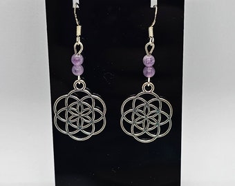 Amethyst Seed of Life Earrings with Sterling Silver Hooks