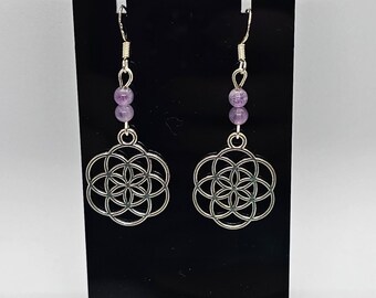 Amethyst Seed of Life Earrings with Sterling Silver Hooks