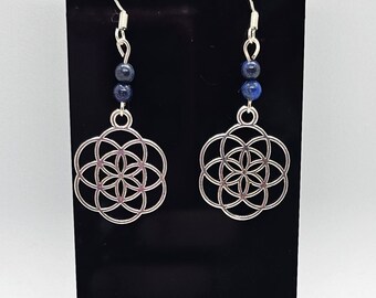 Lapis Lazuli Seed of Life Earrings with Sterling Silver Hooks