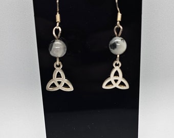 Tourmalinated Quartz Triquetra Earrings with Sterling Silver Hooks