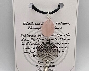 Avalon Waters - Hekate's Wheel pendant with Red and White Spring water and Rose Quartz gemstone. Hecate.