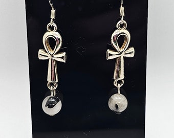 Tourmalinated Quartz Ankh Earrings with Sterling Silver Hooks