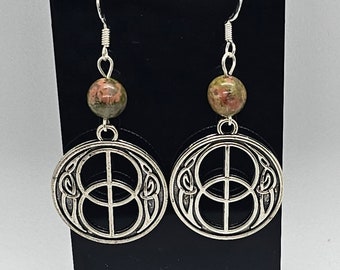 Unakite Chalice Well Vesica Piscis Earrings with Sterling Silver Hooks