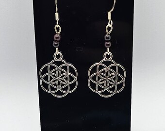 Garnet Seed of Life Earrings with Sterling Silver Hooks
