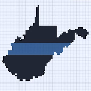 May include: A black and blue pixel art design of the state of West Virginia. The blue stripe represents a thin blue line, a symbol of support for law enforcement.