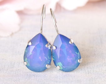 Blue Opal Earrings, White Opal Heliotrope Earrings, Bridal Blue Crystal Drop Earrings, Pear Teardrop Earrings, Small Dangle Bridal Drops