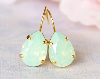 Mint Earrings, Green Opal Earrings, Chrysolite Opal Crystal Drop Earrings, Mint Pear Teardrop Earrings, Small Dangle Earrings, Bridal Drops