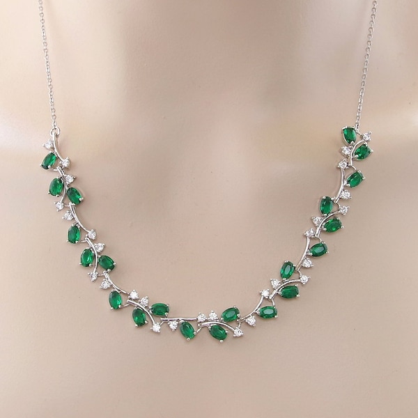 Emerald green wedding necklace, Dainty bridal necklace, Green crystal wedding jewelry Silver bridal leaf vine necklace Cubic Zirconia green