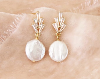 Art Deco Ohrringe, Perlen Ohrringe, Gold Fächer Ohrringe, Silber CZ Ohrringe, Boho Braut Ohrringe, Art Deco Hochzeit, Boho Ohrringe 1920er Jahre