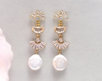 Pendientes Art Deco, Pendientes de abanico, Pendientes de boda de declaración, Pendientes de perlas de agua dulce, Pendientes colgantes de oro, Pendientes largos de novia Boho