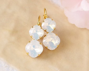White Opal Bridal Earrings, Opal Wedding Earrings, Crystal Bridal Earrings, Cushion Cut Drop earrings, Rounded Square Opal Earrings