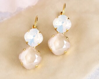 White Opal Bridal Earrings, Ivory Cream Wedding Earrings, Crystal Bridal Earrings, Cushion Cut Drop earrings, Rounded Square Opal Earrings