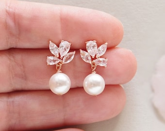 LEA Bridal pearl earrings, Rose gold earrings, Bridal drop earrings, Crystal earrings, Wedding pearl earrings, Dangle pearl drop earrings