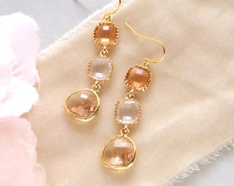 Peach earrings, Champagne peach earrings, clear and peach crystal wedding earrings, Modern gold drop earrings, Bridal peach dangle earrings