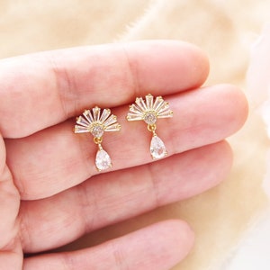 Art deco earrings, Small fan earrings, Gold Stud Earrings, Boho bridal CZ earrings, Art deco wedding, Boho drop earrings 1920s Vintage Style
