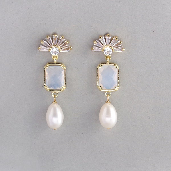 Art deco earrings, Gold fan earrings, Real pearl earrings, White opal drop earrings, Opalite bridal CZ earrings Art deco wedding, Boho studs