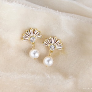 Art deco earrings, Small fan earrings, Gold stud pearl earrings, Boho bridal CZ earrings, Art deco wedding, Boho studs 1920s Vintage Style