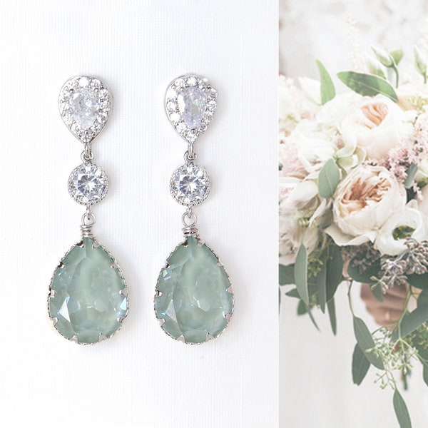 Sage green bridal earrings, Light green teardrop crystal earrings, Dusty green wedding jewelry Pale green sage CZ posts dangle earrings