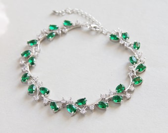 Emerald Green CZ Crystal Bridal Bracelet, Silver Vine, Adjustable