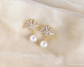 Art deco earrings, Small fan earrings, Gold stud pearl earrings, Boho bridal CZ earrings, Art deco wedding, Boho studs 1920s Vintage Style