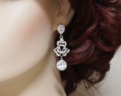 Chandelier bridal earrings Rhinestone wedding earrings CZ Cubic Zirconia dangle vintage earrings silver Diamond cut crystal clear filigree